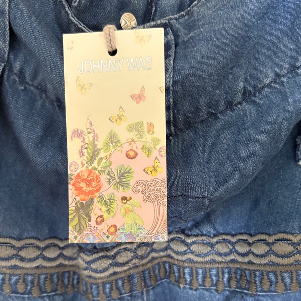 NWT Johnny Was Aventura Blue Denim Embroidered Cargo Pants, Lyocell, size 12